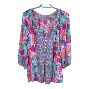 Fig And Flower (Anthro) Mixed Print Sheer Boho Floral Blouse Size XL